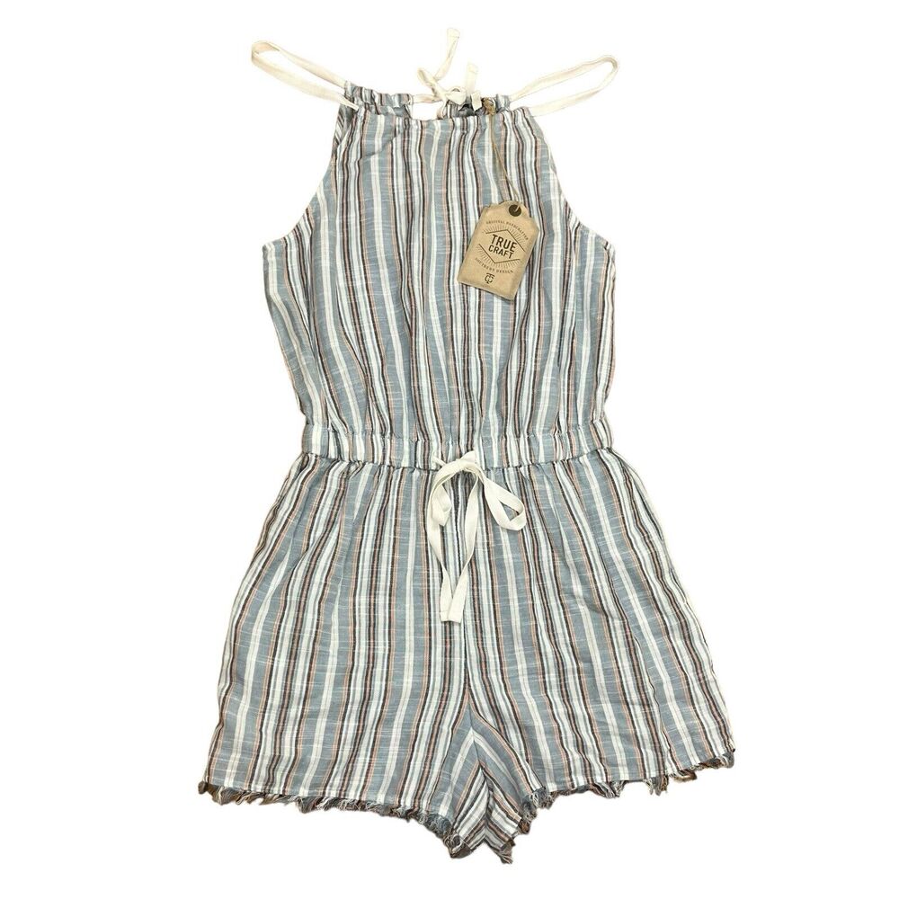 New Striped Romper Sz S Blue White Raw Edge Halter Pockets Beachy True Craft NWT